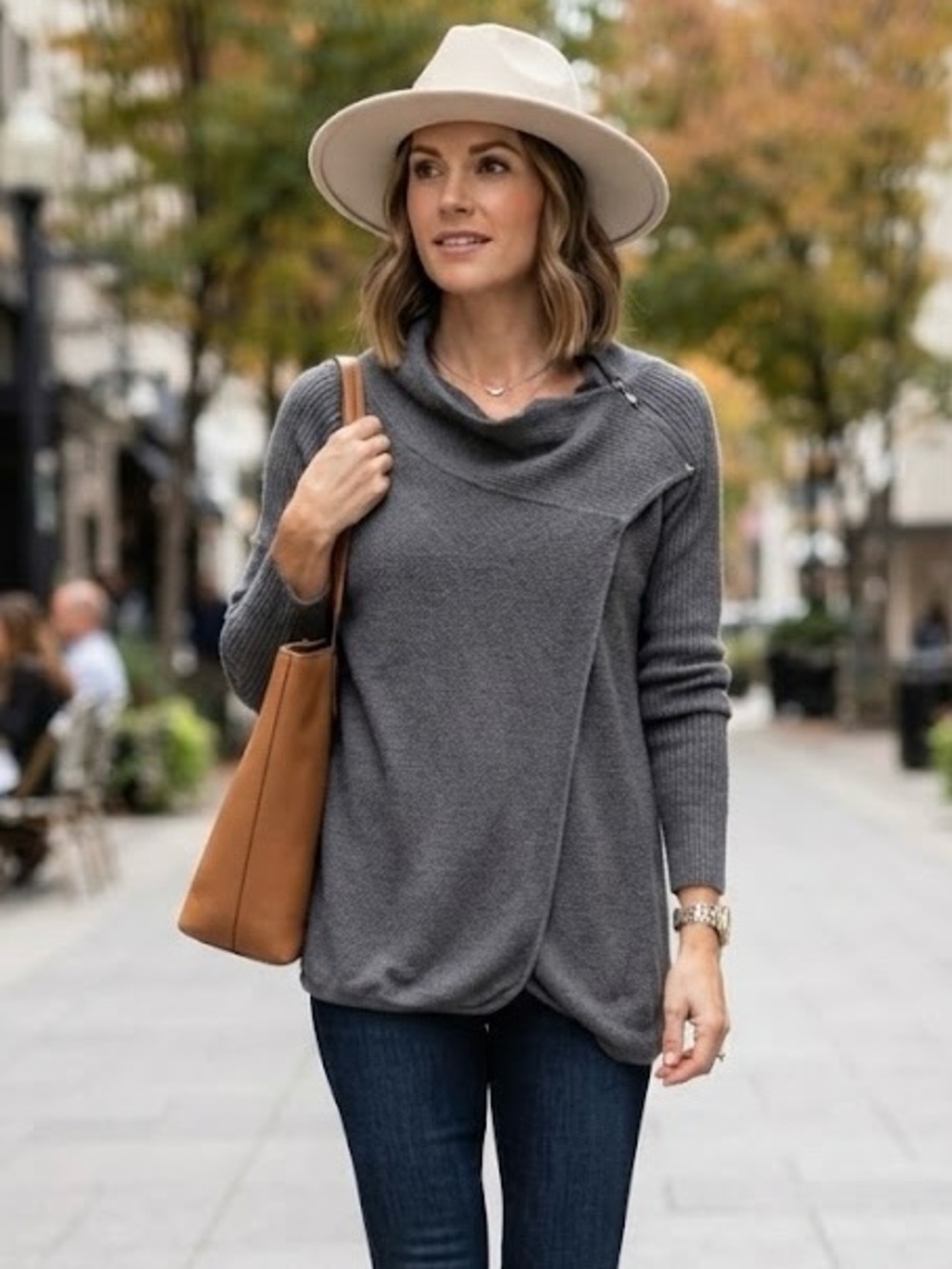 Alfred Sung Grey Asymmetrical Zip-Neck Sweater Textured Knit Quite Luxury